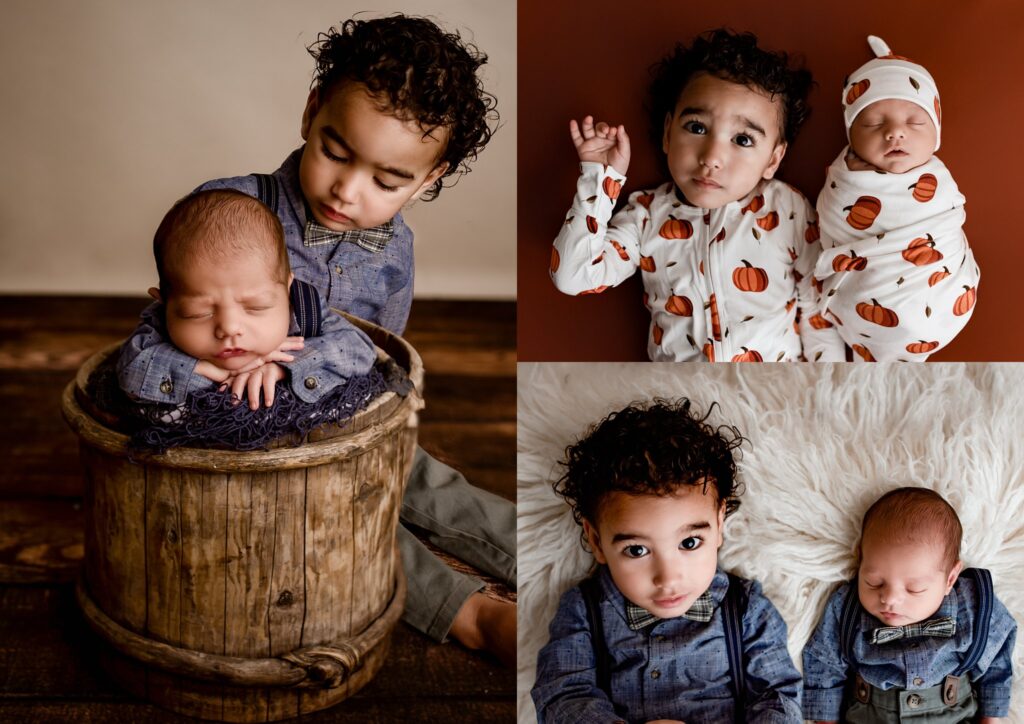 Lehigh valley baby and child photography session in studio with baby and big brother, three different images in a collage